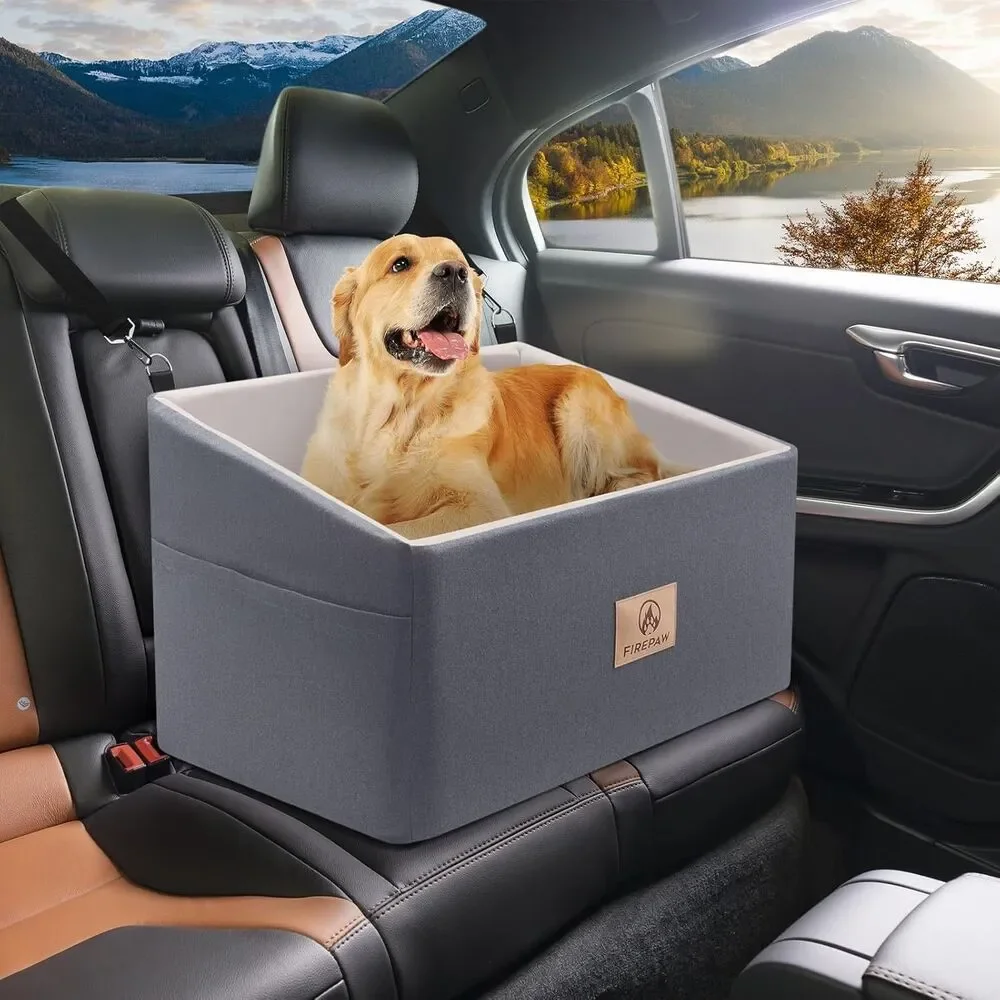 Gray Dog Car Booster Seat for Large Dogs Under 55Lbs Washable w Storage Pockets